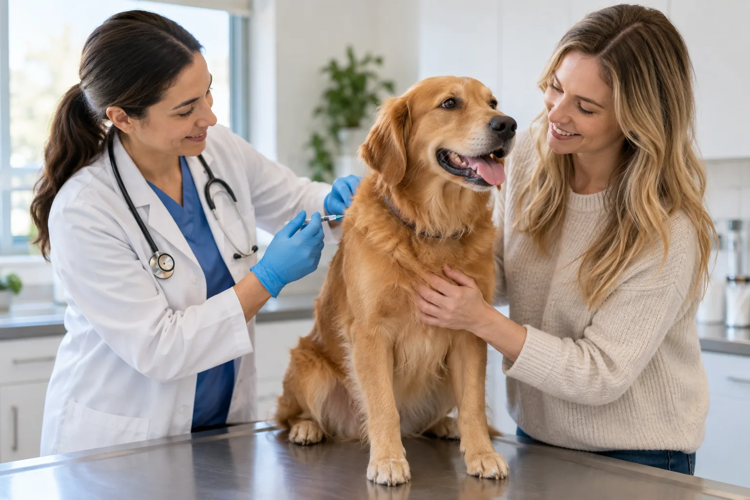 Dog, owner and veterinarian during a clinic visit