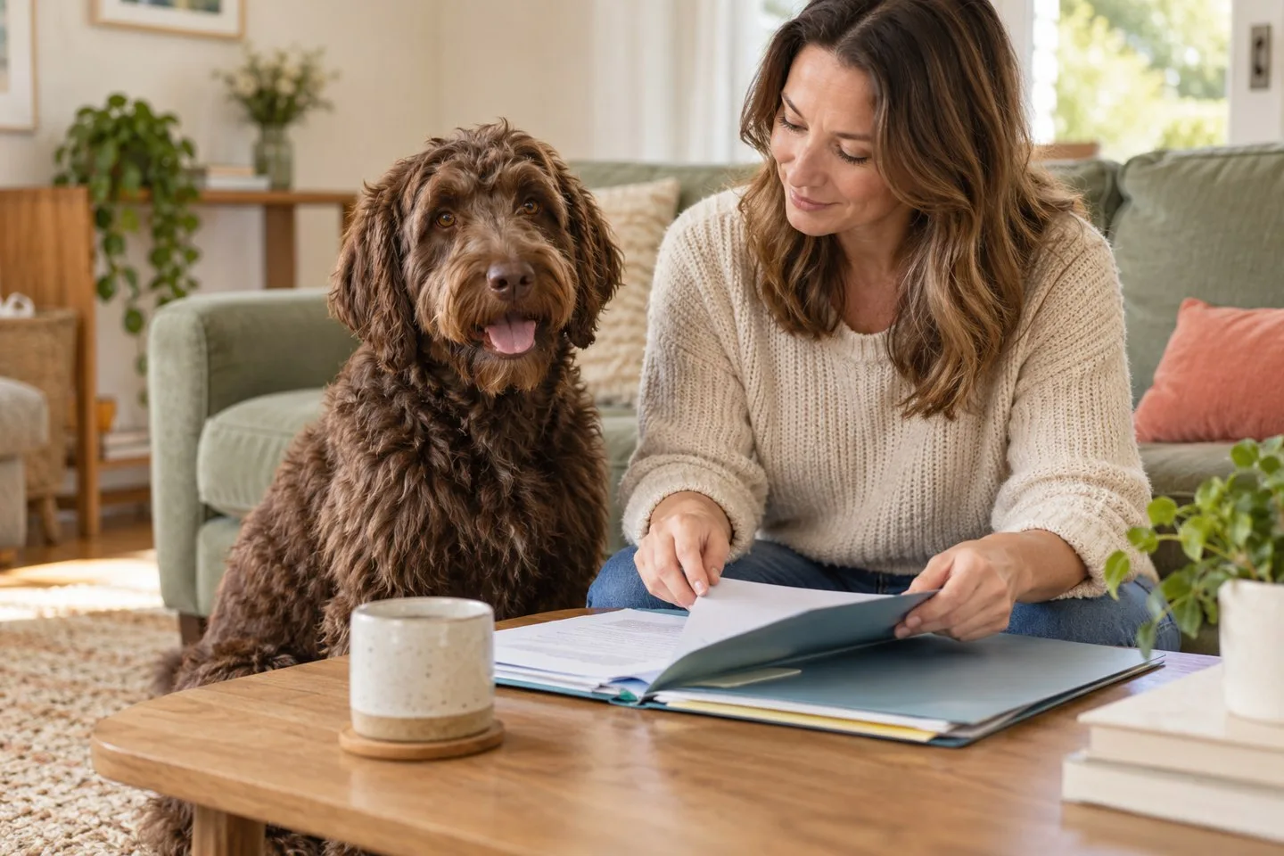 Owner using a laptop beside a brown curly-coated dog at a table